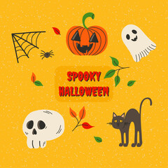 Happy Halloween element set, background vector. Cute groovy spooky ghost, pumpkin, skull, spider, web, black cat. Hand drawn adorable festival illustration in doodle style for decoration, prints. 