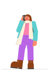 Woman talking on the mobile phone in a coat with scarf holding a smartphone. Vector colorful spring, fall illustration