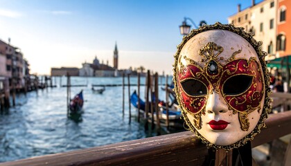 Venetian carnival mask in front of canal cityscape