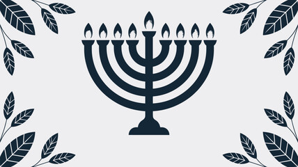 A graphic illustration of a menorah with flames surrounded by decorative leaves on a white background