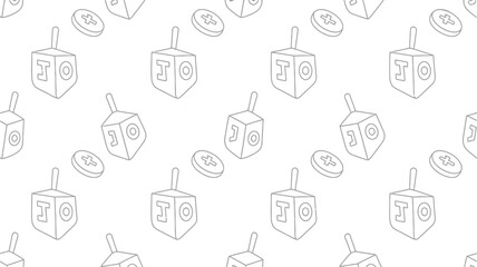 A repeating pattern of outlined dreidels and gelt on a white background for hanukkah celebrations