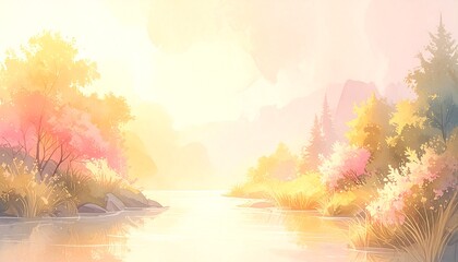 Serene landscape art with a calm river flowing through trees under a bright, golden sky
