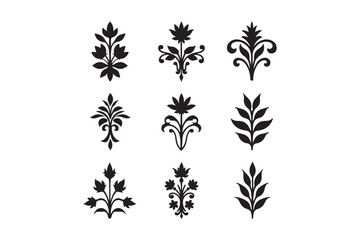 Collection of nine black floral decorative ornaments on white background