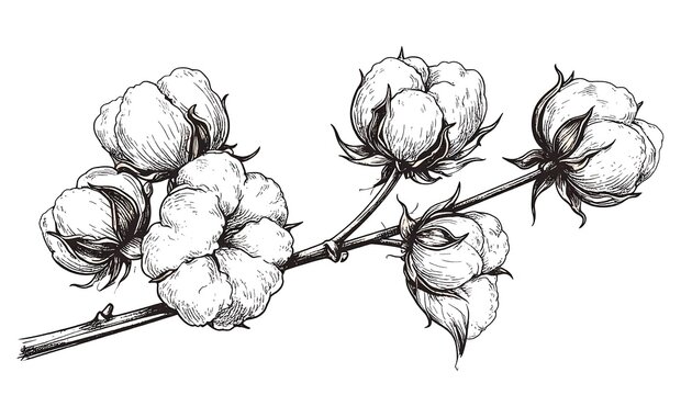 Detailed black and white drawing of cotton bolls on a branch