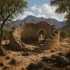 Ancient Stone Structure Amidst Mountainous Landscape