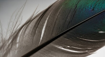 Intricate details revealed in a close-up of a bird's feather showing iridescent hues and delicate