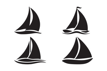Four black silhouette sailboats on white background