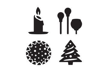 Christmas icons candle matches ornament and tree silhouette
