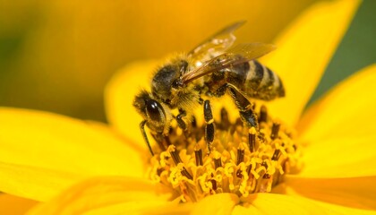 Honeybee gathers pollen from the center of a vibrant, open yellow flower in sunlight