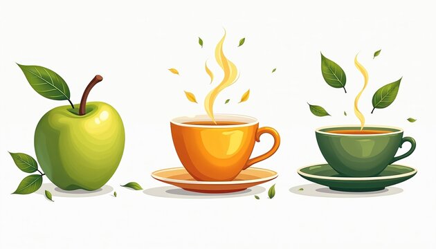 Illustration featuring herbal tea varieties, including apple, citrus, green tea. Set against clean white background, graphic design steaming cups of hot beverages with fresh leaves, suitable for