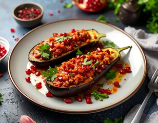 Stuffed eggplant halves with pomegranate seeds (1)