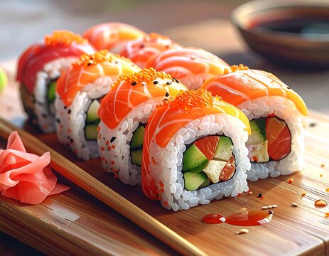 A close-up of assorted sushi rolls on a wooden board