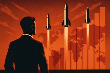 Businessman watching rockets launching global business growth