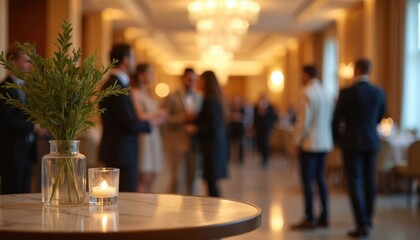 Blurred image of business conference event in luxury hotel hall. People near table with candle, plant. Warm lighting from chandeliers, lamps creates inviting atmosphere for networking, formal