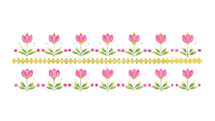 Floral border featuring pink tulip flowers and green leaves arranged in two horizontal rows pattern design