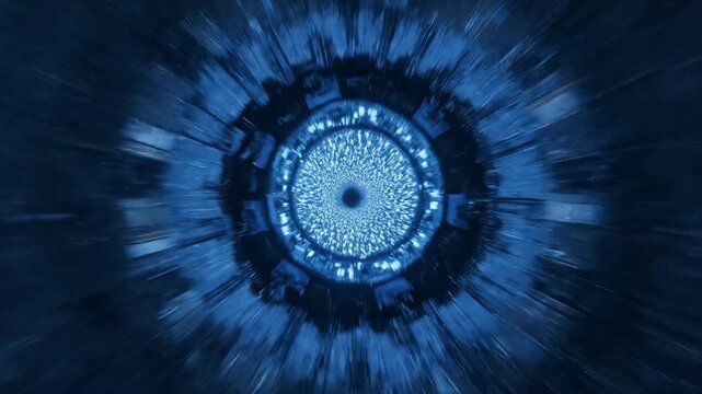 Dynamic Blue Tunnel with Radiating Light Streaks Creating a Hypnotic Vortex Effect, Captured in a High-Speed Zoom-In Motion, Featuring Abstract Patterns and a Central Vanishing Point
