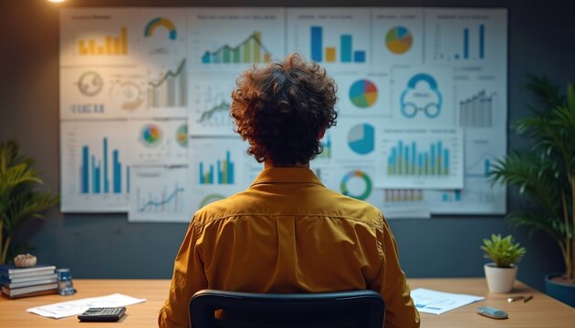Man studies graphs and charts on wall. Focus on data analysis for business strategy, performance review. Office workspace setting for planning, research, and innovation.