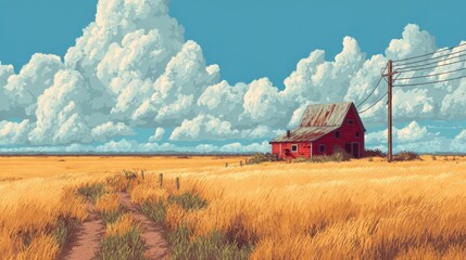 Fototapeta premium Cozy Red House Under a Bright Blue Sky With Fluffy Clouds in a Golden Wheat Field During a Sunny Day