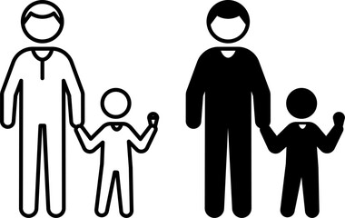 Father and Son Icons. Black and White Vector Illustrations. Man Holding Hands with a Boy Holding Ice Cream. Family Concept
