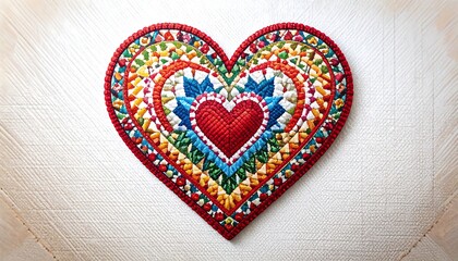 Colorful embroidered heart on textured backdrop