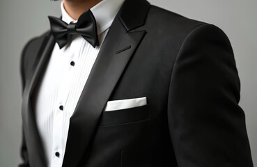 Man wears classic black tuxedo jacket with satin lapels, matching bow tie. White pleated shirt with black buttons, crisp white pocket square complete formal attire. Sharp, tailored look exudes