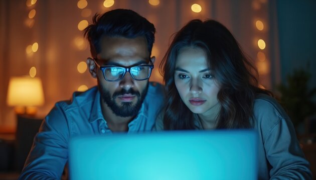 Man woman look at laptop screen. Faces focused determined. Night office atmosphere. Tech business teamwork. Partnership project creative innovative development.