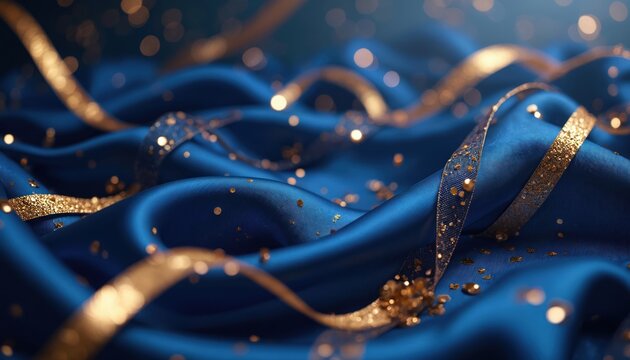 Luxury style design background features blue satin fabric with golden ribbons, glitter light effect, bokeh decoration. Elegant abstract backdrop for celebrations, invitations, premium presentations.