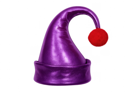 Purple metallic elf hat with red pom-pom