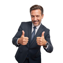 Smiling businessman in a suit giving two thumbs up gesture of approval and success isolated on transparent background