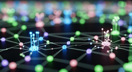 Conceptual network visualization of interconnected nodes showcasing data flow and communication