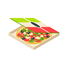 A delicious traditional Italian pizza with fresh toppings in a takeaway box with a national flag design