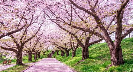 Obraz premium A tranquil park pathway winds through a beautiful tunnel of blooming pink cherry blossom trees.