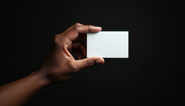 Hand holds blank white business card against dark background. Pro presentation, marketing, networking tool. Use for contact details, corporate identity, graphic design template.