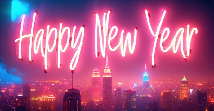 Neon sign displays Happy New Year above city skyline. Vibrant pink glows against purple, blue hues. Festive, celebratory image.