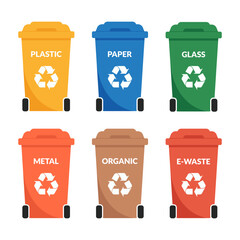 Set of colorful recycling bins for different types of waste – plastic, paper, glass, metal, organic and e-waste. Eco-friendly waste sorting and recycling concept.