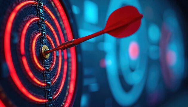 Marketer analyzes retargeting performance with dartboard target focus. Colorful setting marketing strategy success, precision, campaign data, engagement, advertising behavior, conversion growth,