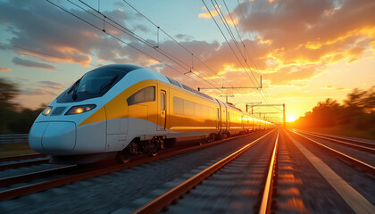Naklejka premium High speed train powered by renewable energy travels swiftly along tracks at sunset. Modern technology and sustainable transport define this futuristic electric railway system in motion.