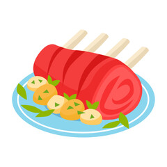 A beautifully prepared gourmet rack of lamb with roasted potatoes and herbs on a plate