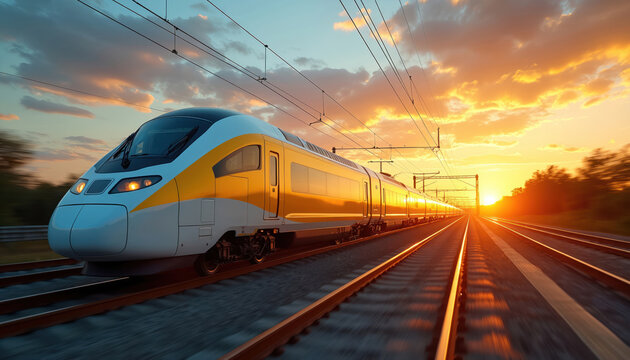 High speed train powered by renewable energy travels swiftly along tracks at sunset. Modern technology and sustainable transport define this futuristic electric railway system in motion.