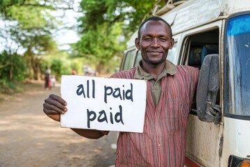 African buss driver holding all paid sign smiling