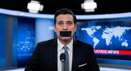 TV anchor with black adhesive tape covering mouth as censorship concept