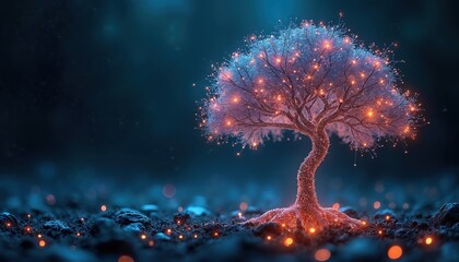 Abstract tree visualization features glowing nodes and intricate connections. Represents advanced technology, data processing, and AI. Digital concept with roots reaching into a glowing environment.