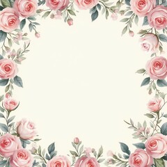 Fototapeta premium Watercolor illustration features soft pink roses with delicate green leaves, lace pattern. Vintage floral design perfect for baby girl nursery decor or wedding invitations. Romantic, feminine style.