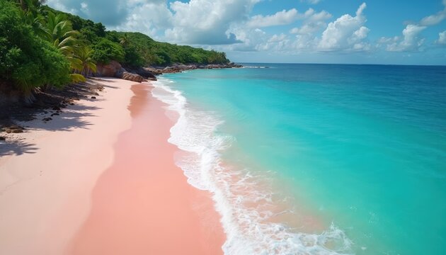 Drone shot showcases a stunning pink sand beach bordered by lush green vegetation and rocky outcrops. Turquoise clear ocean waters gently lap the shore under a bright sunny sky with scattered clouds. - Powered by Adobe