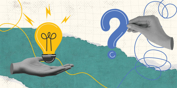 Two hands hold lightbulb and question mark.  Trendy Halftone Collage Problem solving concept. Business solution. Creative mind or brainstorm. Ask for reply. Contemporary vector art