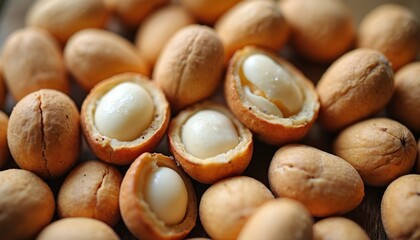 Macro view of raw macadamia nuts. Nuts whole, others cracked open revealing creamy white kernel. Light brown shell contrasts with white nut inside. Healthy, natural, organic snack ingredient.