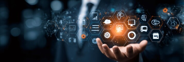 Hand presenting business technology digital transformation data network