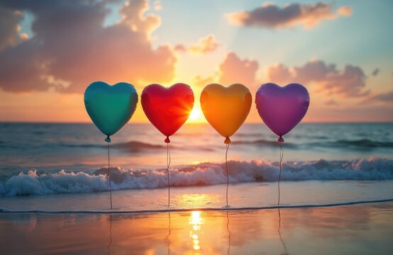 Sunset beach scene features colorful heart balloons. Symbol of love. Romance, holiday, travel, vacation concept. Sea waves, sand, sky, reflection, clouds, light, nature, serenity. Valentine Day card - Powered by Adobe
