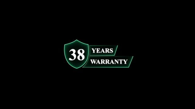 38 Years Warranty Shield with Neon Glow guarantee protection . Glowing neon animation and black background.