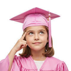 A young girl wearing a pink graduation cap and gown pondering deeply with a finger to her temple isolated on transparent background